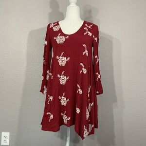 Altar'd State Red Boho Mini Swing Dress Size Small Long Sleeve Embroidered Lined